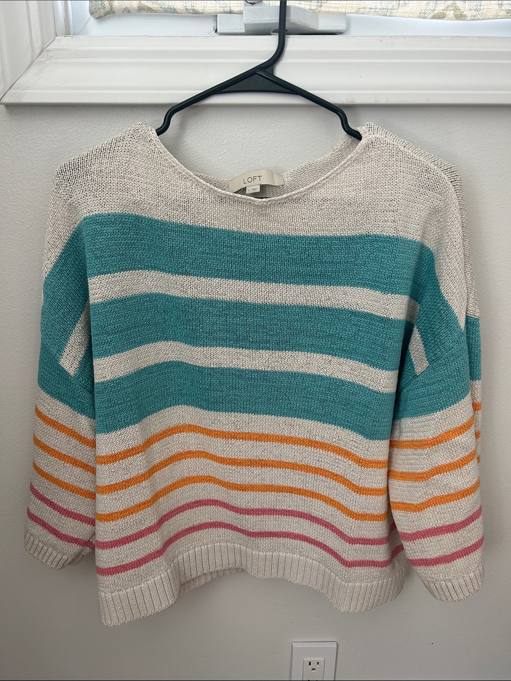 LOFT Cream Sweater with Teal, Orange & Pink Stripes